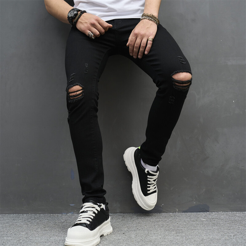 Pantaloni de blugi skinny stretch pentru bărbați, simpli, găuri solide, pantaloni de jogging, subțiri, creion, învechiți