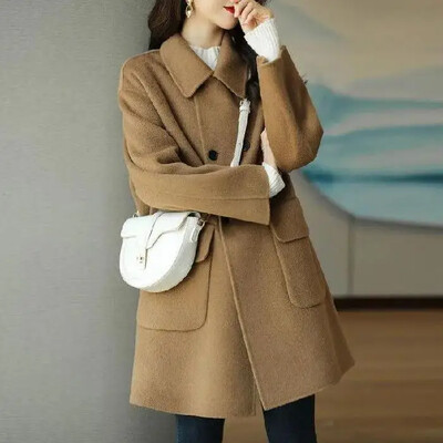 Jachetă de lână pentru femei 2024, primăvară, toamnă, nou, îngroșată, stil coreean, de lungime medie, slăbită, pentru slăbire.