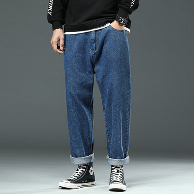 Pavasara liela izmēra džinsi biezas kājas lielas bikšu kājas platas bikses džinsi vīriešu taisnas brīvas bikses platas kājas jaunības plus izmērs 46 44