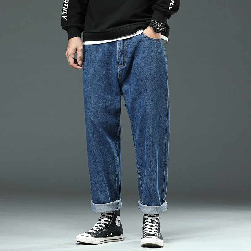 Pavasara liela izmēra džinsi biezas kājas lielas bikšu kājas platas bikses džinsi vīriešu taisnas brīvas bikses platas kājas jaunības plus izmērs 46 44