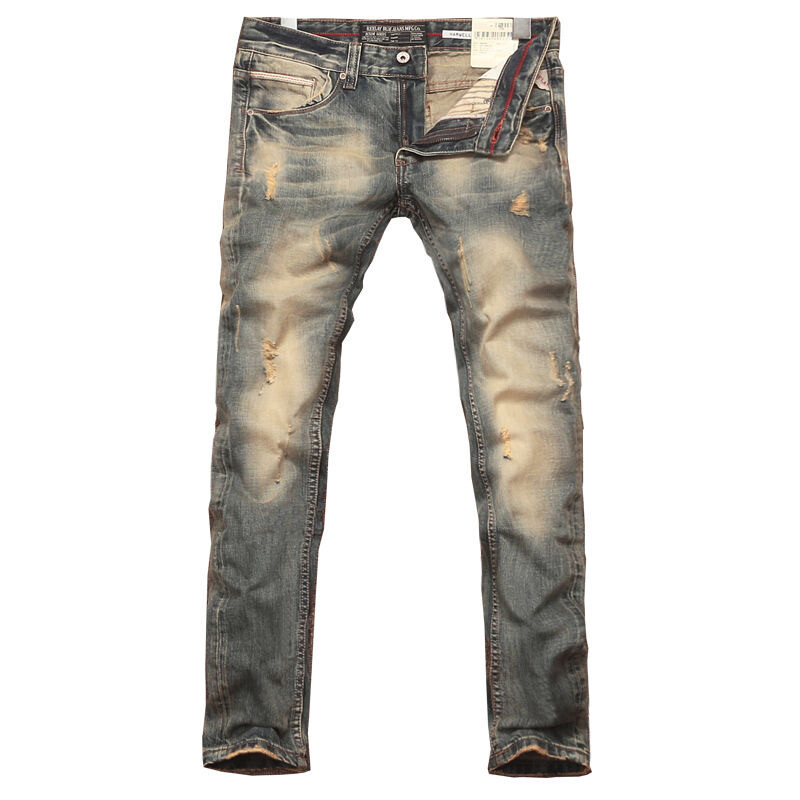 Toamnă și iarnă 2023, modă nouă, vintage, rupte, de culoare uni, pantaloni mici pentru bărbați, confort casual, blugi elastici de înaltă calitate