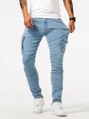 Blugi cu elastic de stradă Pantaloni cargo din denim pentru bărbați, spălat, culoare uni, cu mai multe buzunare, ocazional, pantaloni cu talie mijlocie, slim fit, îmbrăcăminte zilnică, pantaloni de jogging