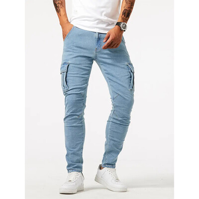 Blugi cu elastic de stradă Pantaloni cargo din denim pentru bărbați, spălat, culoare uni, cu mai multe buzunare, ocazional, pantaloni cu talie mijlocie, slim fit, îmbrăcăminte zilnică, pantaloni de jogging