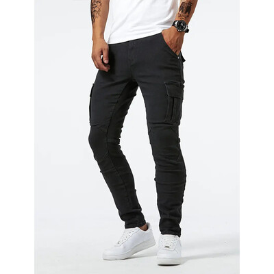 Blugi cu elastic de stradă Pantaloni cargo din denim pentru bărbați, spălat, culoare uni, cu mai multe buzunare, ocazional, pantaloni cu talie mijlocie, slim fit, îmbrăcăminte zilnică, pantaloni de jogging