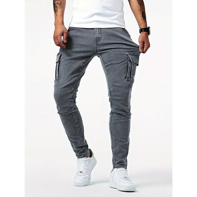 Blugi cu elastic de stradă Pantaloni cargo din denim pentru bărbați, spălat, culoare uni, cu mai multe buzunare, ocazional, pantaloni cu talie mijlocie, slim fit, îmbrăcăminte zilnică, pantaloni de jogging