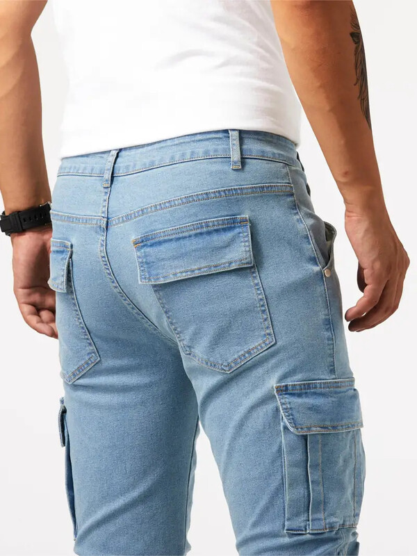 Blugi cu elastic de stradă Pantaloni cargo din denim pentru bărbați, spălat, culoare uni, cu mai multe buzunare, ocazional, pantaloni cu talie mijlocie, slim fit, îmbrăcăminte zilnică, pantaloni de jogging