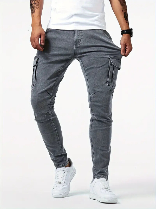 Blugi cu elastic de stradă Pantaloni cargo din denim pentru bărbați, spălat, culoare uni, cu mai multe buzunare, ocazional, pantaloni cu talie mijlocie, slim fit, îmbrăcăminte zilnică, pantaloni de jogging