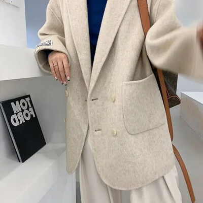 Ar rokām šūts abpusējs mētelis sieviešu rudens un ziemas garais vilnas roku brīvs Augstas kvalitātes vilnas mētelis sieviešu apģērbs vienkāršs