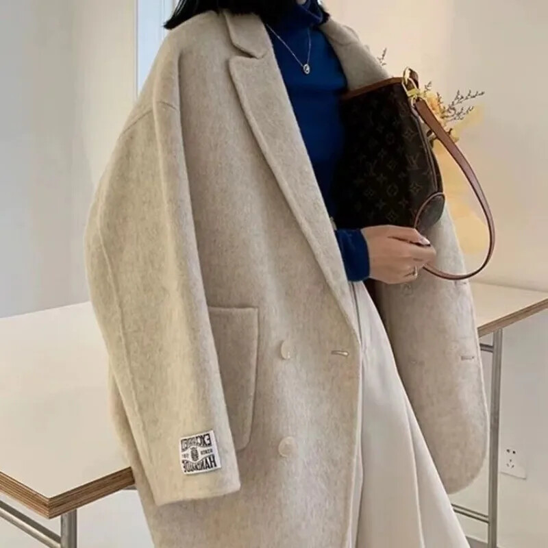 Ar rokām šūts abpusējs mētelis sieviešu rudens un ziemas garais vilnas roku brīvs Augstas kvalitātes vilnas mētelis sieviešu apģērbs vienkāršs