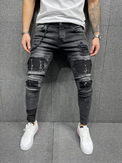 Blugi skinny de modă bărbați pentru băieți Blugi subțiri din bumbac elastic clasic Pantaloni de denim elastic pentru bărbați de înaltă calitate, negru, îmbrăcăminte casual pentru bărbați