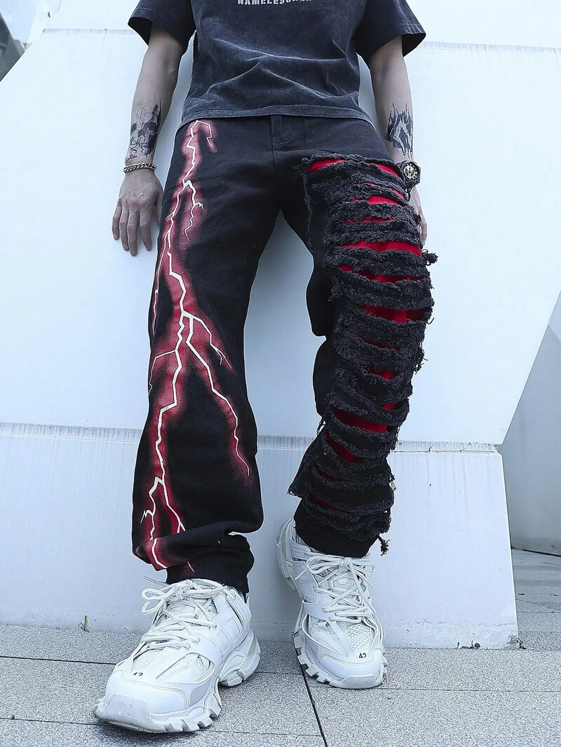 Ανδρικά σπασμένα τεντωμένα τζιν Lightning μοντέρνες τρύπες για streetwear Παντελόνια τζιν με σκισμένα συνονθύλευμα Λεπτό στενό παντελόνι για άνδρες