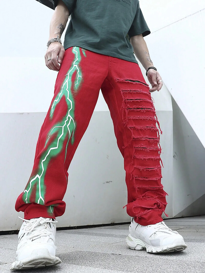 Ανδρικά σπασμένα τεντωμένα τζιν Lightning μοντέρνες τρύπες για streetwear Παντελόνια τζιν με σκισμένα συνονθύλευμα Λεπτό στενό παντελόνι για άνδρες