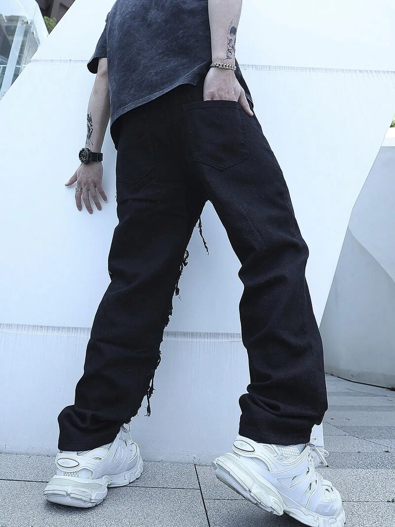 Ανδρικά σπασμένα τεντωμένα τζιν Lightning μοντέρνες τρύπες για streetwear Παντελόνια τζιν με σκισμένα συνονθύλευμα Λεπτό στενό παντελόνι για άνδρες