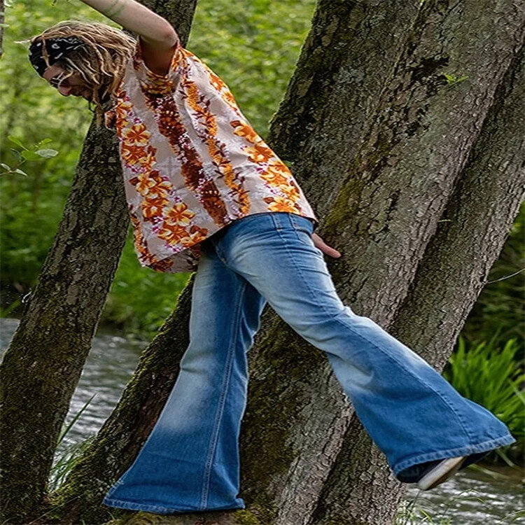 Férfi nagy flare farmerek divatos hímzés magas derekú kék csengő alsó farmer Férfi vintage bő csizma széles szárú nadrág Utcai ruházat