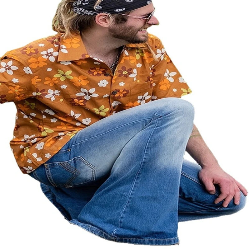 Férfi nagy flare farmerek divatos hímzés magas derekú kék csengő alsó farmer Férfi vintage bő csizma széles szárú nadrág Utcai ruházat