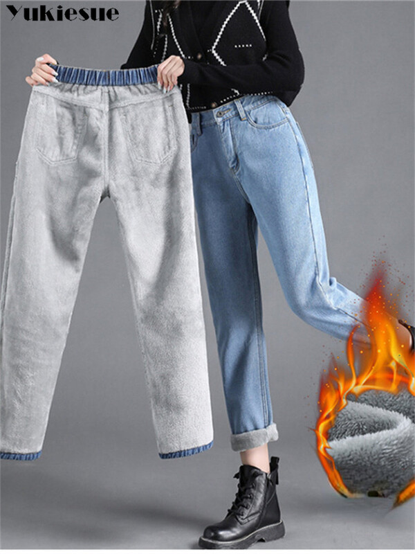 Zimske tople, uske rastezljive ženske ležerne traper hlače, debele plus baršunaste ženske traperice visokog struka, uske ravne traperice od flisa