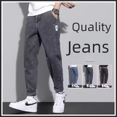 Blugi la modă cu talie înaltă pentru bărbați, spălat cu fermoar, pantaloni lungi de primăvară, picior drept