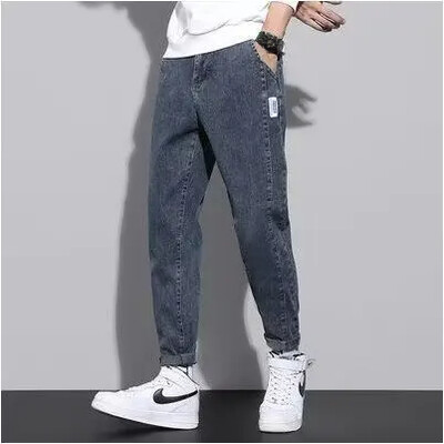 Blugi la modă cu talie înaltă pentru bărbați, spălat cu fermoar, pantaloni lungi de primăvară, picior drept