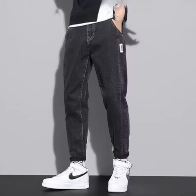 Blugi la modă cu talie înaltă pentru bărbați, spălat cu fermoar, pantaloni lungi de primăvară, picior drept