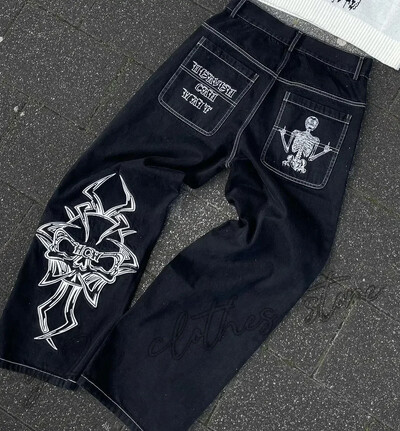 Blugi Streetwear Y2K Îmbrăcăminte Hip Hop Blugi largi brodați Retro Pantaloni negri Punk Rock Bărbați Pantaloni largi cu talie înaltă