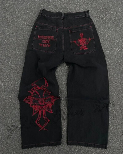 Blugi Streetwear Y2K Îmbrăcăminte Hip Hop Blugi largi brodați Retro Pantaloni negri Punk Rock Bărbați Pantaloni largi cu talie înaltă