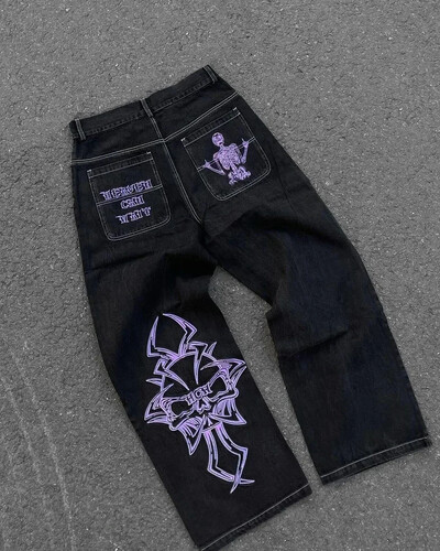 Blugi Streetwear Y2K Îmbrăcăminte Hip Hop Blugi largi brodați Retro Pantaloni negri Punk Rock Bărbați Pantaloni largi cu talie înaltă