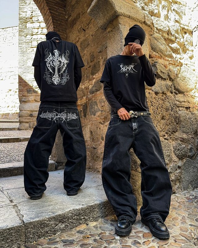 Blugi Streetwear Y2K Îmbrăcăminte Hip Hop Blugi largi brodați Retro Pantaloni negri Punk Rock Bărbați Pantaloni largi cu talie înaltă