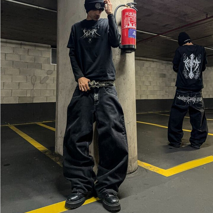 Blugi Streetwear Y2K Îmbrăcăminte Hip Hop Blugi largi brodați Retro Pantaloni negri Punk Rock Bărbați Pantaloni largi cu talie înaltă