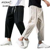 Pantaloni de sport ușori din in, pentru bărbați, din bumbac, de culoare solidă, respirabili, pantaloni largi, pantaloni lungi, bărbați