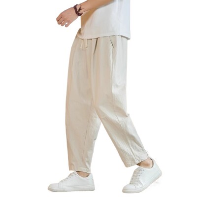 Pantaloni de sport ușori din in, pentru bărbați, din bumbac, de culoare solidă, respirabili, pantaloni largi, pantaloni lungi, bărbați