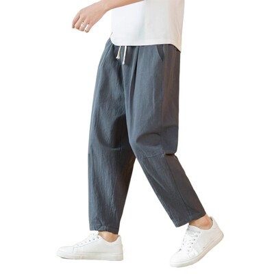 Pantaloni de sport ușori din in, pentru bărbați, din bumbac, de culoare solidă, respirabili, pantaloni largi, pantaloni lungi, bărbați