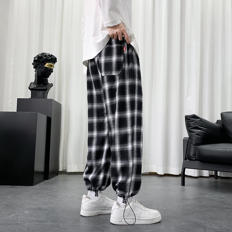 Pantaloni de vară în carouri, bărbați, pantaloni casual din bumbac, pantaloni de trening largi, ușori, largi, cu șnur Pantaloni harem drepti