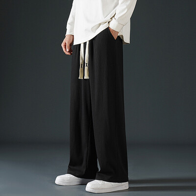 Vīriešu brīvas ikdienišķas bikses, savelkamās, elastīgas vidukļa bikses, elpojošas, melnas pelēkas haki krāsas vīriešu apģērbs, taisnas, platas bikses