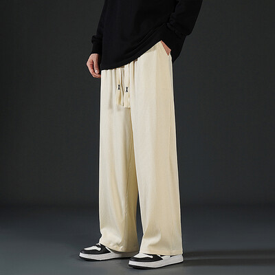 Vīriešu brīvas ikdienišķas bikses, savelkamās, elastīgas vidukļa bikses, elpojošas, melnas pelēkas haki krāsas vīriešu apģērbs, taisnas, platas bikses