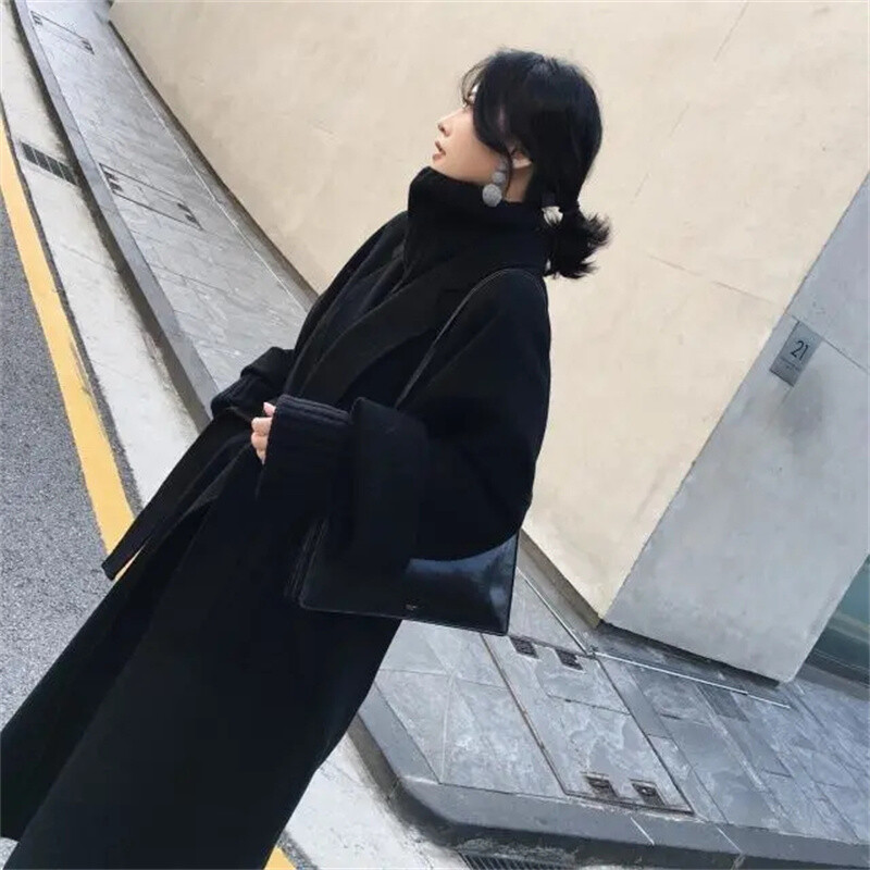 Dugi jesenski i zimski novi modni vuneni kaput široki, popularni ženski pamučni dugi vuneni kaput, ženski remen, zeleni