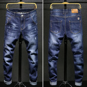 Ανδρικά Stretch Slim Fit τζιν σκούρο μπλε στενό τζιν για άνδρες Casual ρετρό τζιν παντελόνι Κορεατικού στυλ Streetwear Ανδρικό παντελόνι μάρκας