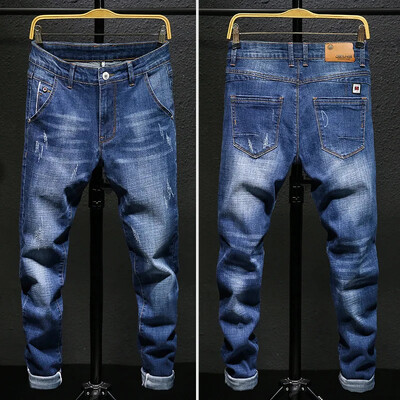 Ανδρικά Stretch Slim Fit τζιν σκούρο μπλε στενό τζιν για άνδρες Casual ρετρό τζιν παντελόνι Κορεατικού στυλ Streetwear Ανδρικό παντελόνι μάρκας