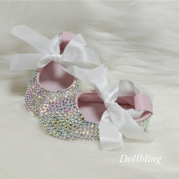 παπιγιόν Προσαρμοσμένα κρύσταλλα Sparkle Bling Rhinestones Βρεφικά παπούτσια για κορίτσια βρεφικά 0-1Y κορδέλα Princess shoes First Walkers hairband