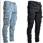 Blugi bărbați Pantaloni spălați Culoare uni Multi buzunare Denim Blugi Cargo cu talie mijlocie Pantaloni casual la moda pentru bărbați de mărime mare Albastru