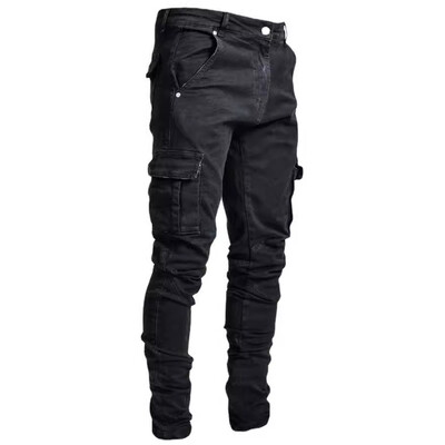 Blugi bărbați Pantaloni spălați Culoare uni Multi buzunare Denim Blugi Cargo cu talie mijlocie Pantaloni casual la moda pentru bărbați de mărime mare Albastru