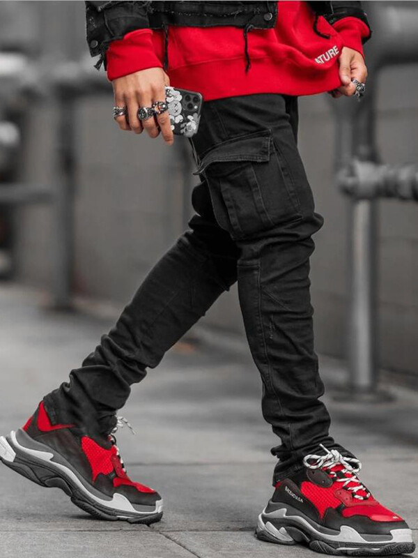 Blugi bărbați Pantaloni spălați Culoare uni Multi buzunare Denim Blugi Cargo cu talie mijlocie Pantaloni casual la moda pentru bărbați de mărime mare Albastru