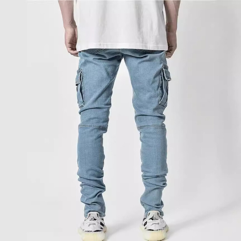 Blugi bărbați Pantaloni spălați Culoare uni Multi buzunare Denim Blugi Cargo cu talie mijlocie Pantaloni casual la moda pentru bărbați de mărime mare Albastru