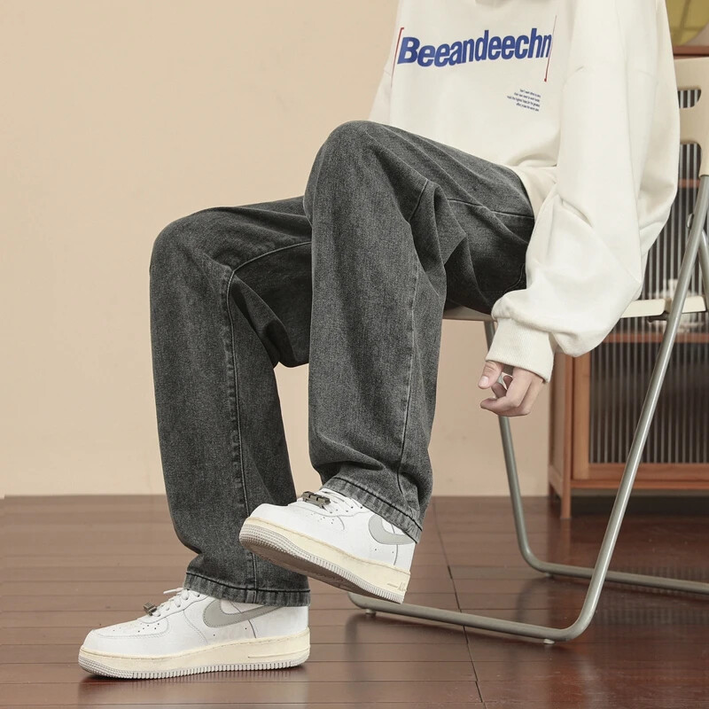 Noua modă coreeană Blugi casual pentru bărbați, până la gleznă, bărbați clasici, drepți, pantaloni largi, albastru deschis, gri, negru 3XL