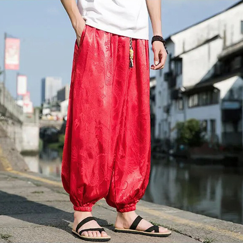 Vīriešu ķīniešu stila platas bikses ledus zīda pūķis tumšā apdruka Augstas kvalitātes ikdienišķas bikses vienkrāsainas vīriešu bikses