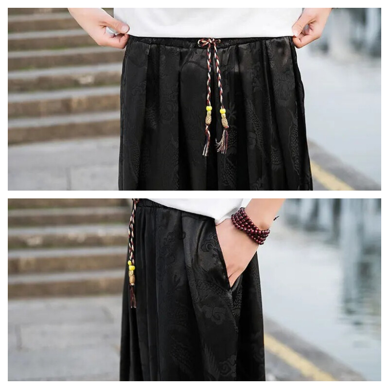 Vīriešu ķīniešu stila platas bikses ledus zīda pūķis tumšā apdruka Augstas kvalitātes ikdienišķas bikses vienkrāsainas vīriešu bikses