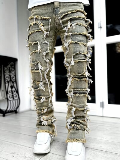 Blugi noi, vintage, albastri, stivuiți, pentru bărbați, elastici, cruzi, uzați, pantaloni patchworks spălați distruși