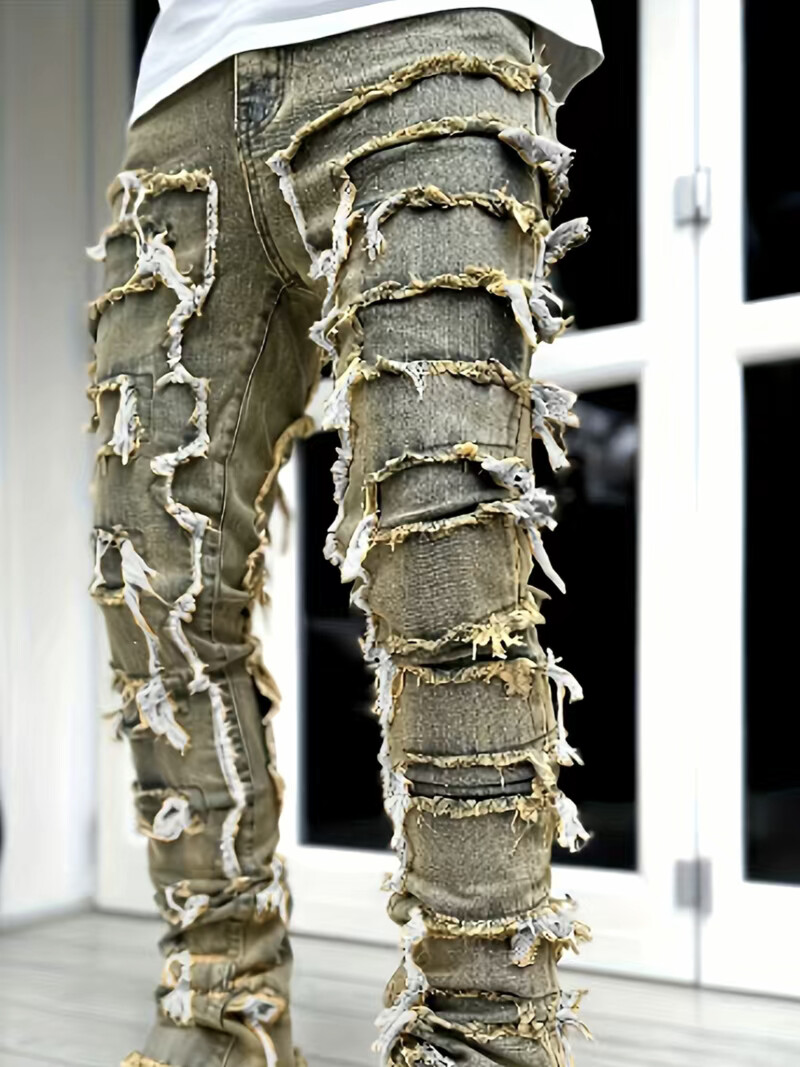 Blugi noi, vintage, albastri, stivuiți, pentru bărbați, elastici, cruzi, uzați, pantaloni patchworks spălați distruși