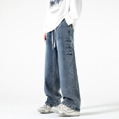 2024, blugi învechiți, spălați, bărbați, retro, japonezi, cu nasturi laterali, pantaloni cu design cu nasturi, pantaloni largi casual, denim