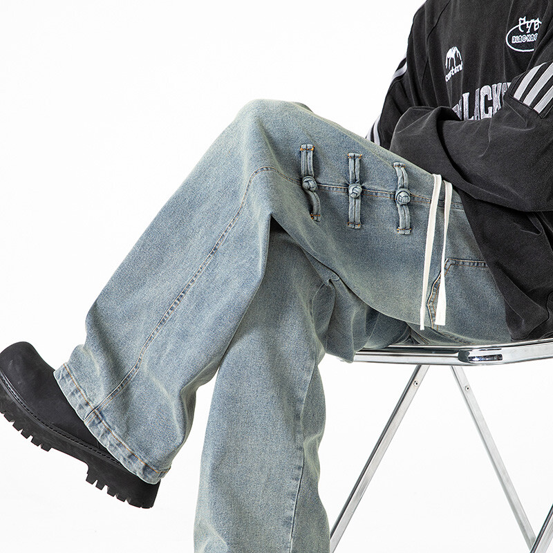 2024, blugi învechiți, spălați, bărbați, retro, japonezi, cu nasturi laterali, pantaloni cu design cu nasturi, pantaloni largi casual, denim