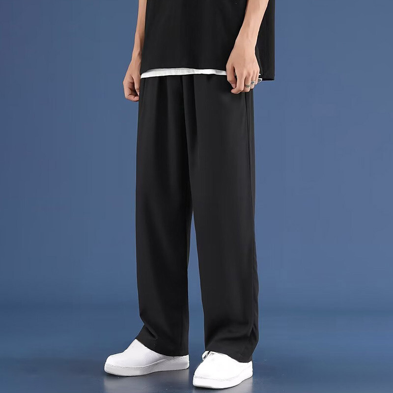 Ljetne tanke ravne široke, ležerne muške hlače s elastičnim strukom, ledena svila, prozračna prevlaka, široke nogavice, duge široke hlače, trenirka